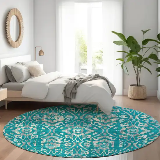 8' Teal Blue And Ivory Round Floral Washable Indoor Outdoor Area Rug Photo 7