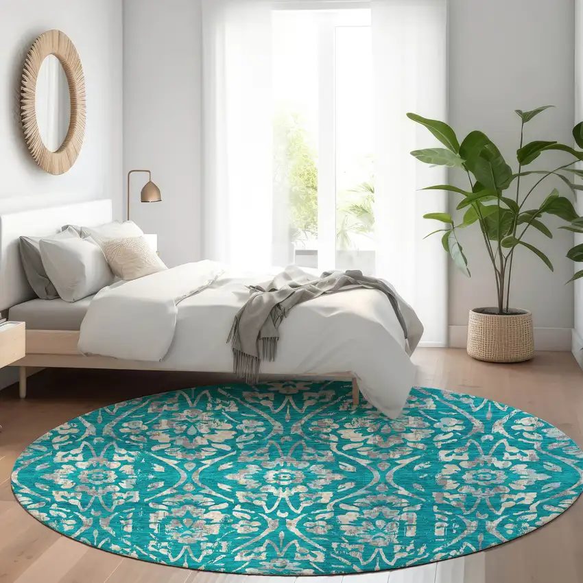 8' Teal Blue And Ivory Round Floral Washable Indoor Outdoor Area Rug Photo 7