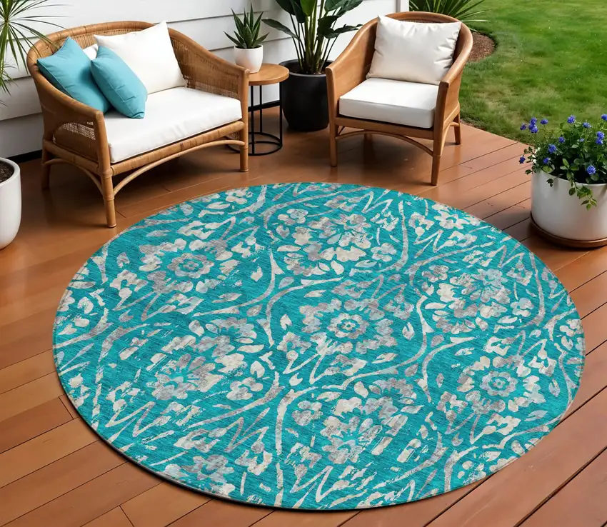 8' Teal Blue And Ivory Round Floral Washable Indoor Outdoor Area Rug Photo 1