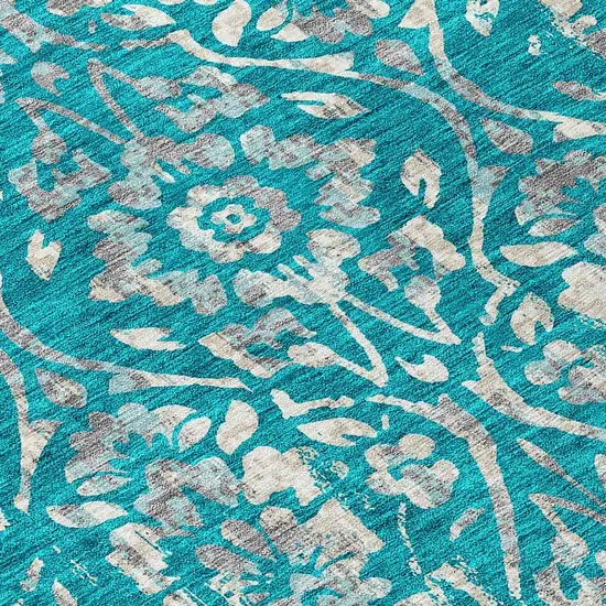 8' Teal Blue And Ivory Round Floral Washable Indoor Outdoor Area Rug Photo 8
