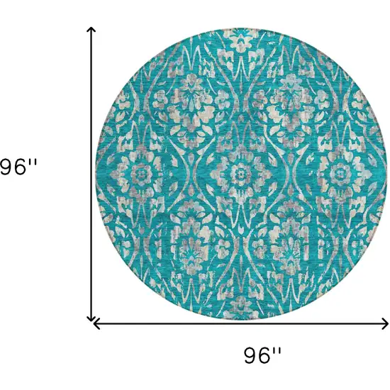 8' Teal Blue And Ivory Round Floral Washable Indoor Outdoor Area Rug Photo 3