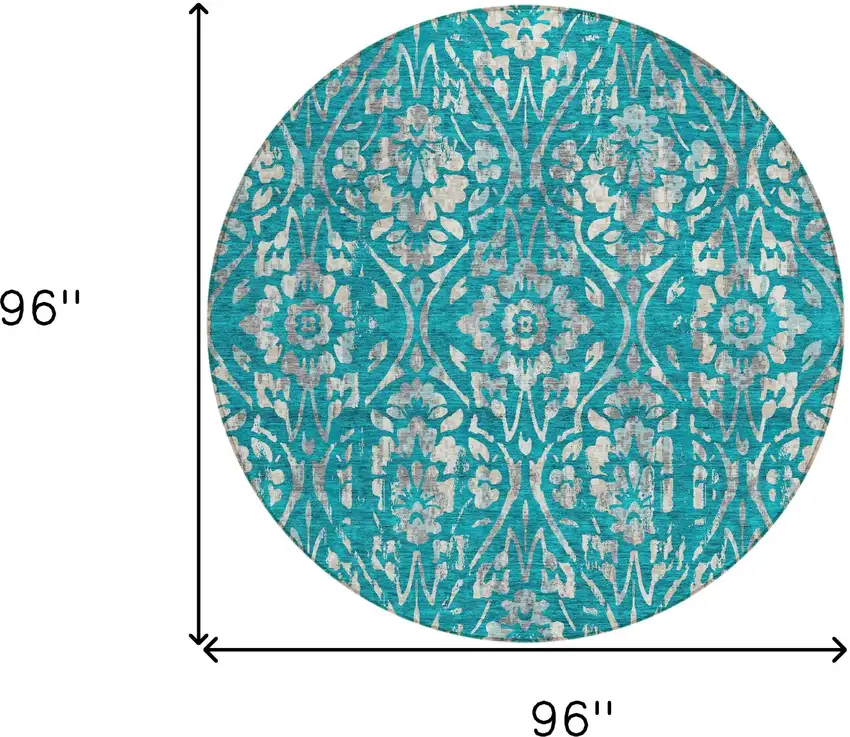 8' Teal Blue And Ivory Round Floral Washable Indoor Outdoor Area Rug Photo 3