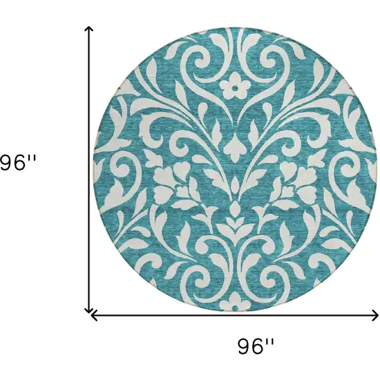 8' Teal Blue And Ivory Round Floral Washable Indoor Outdoor Area Rug Photo 3