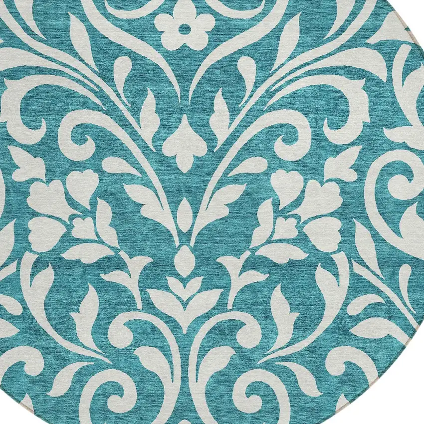 8' Teal Blue And Ivory Round Floral Washable Indoor Outdoor Area Rug Photo 4