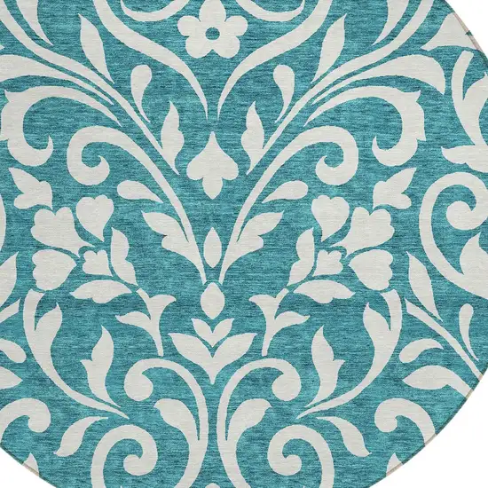 8' Teal Blue And Ivory Round Floral Washable Indoor Outdoor Area Rug Photo 4