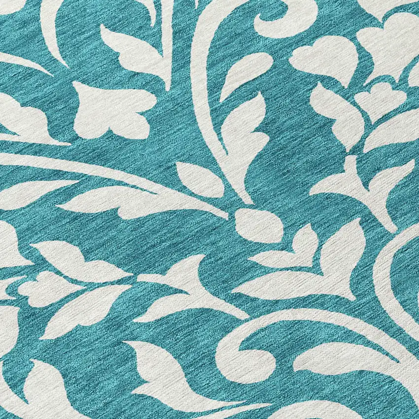 8' Teal Blue And Ivory Round Floral Washable Indoor Outdoor Area Rug Photo 8