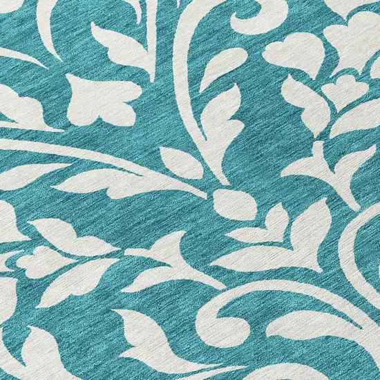 8' Teal Blue And Ivory Round Floral Washable Indoor Outdoor Area Rug Photo 8