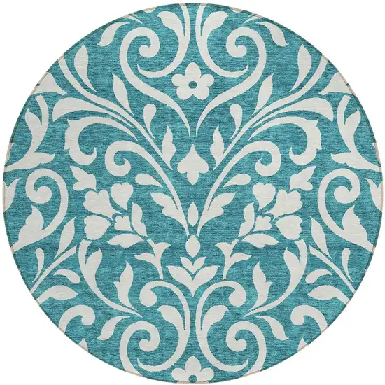 8' Teal Blue And Ivory Round Floral Washable Indoor Outdoor Area Rug Photo 5