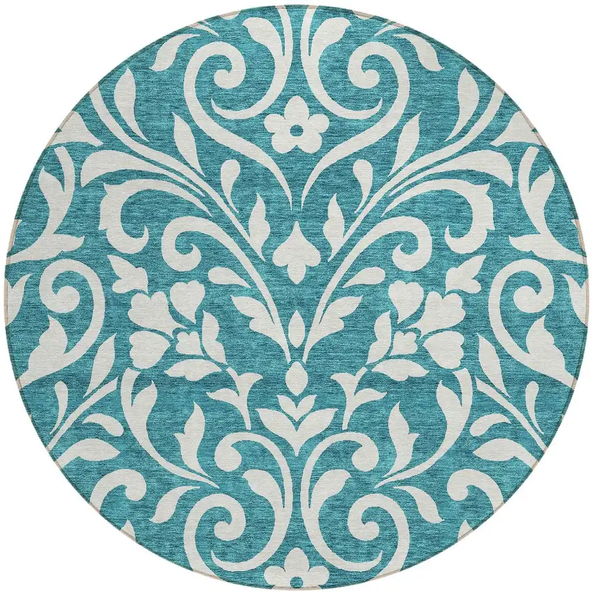 8' Teal Blue And Ivory Round Floral Washable Indoor Outdoor Area Rug Photo 5