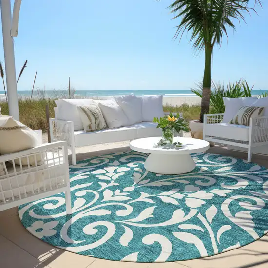 8' Teal Blue And Ivory Round Floral Washable Indoor Outdoor Area Rug Photo 6