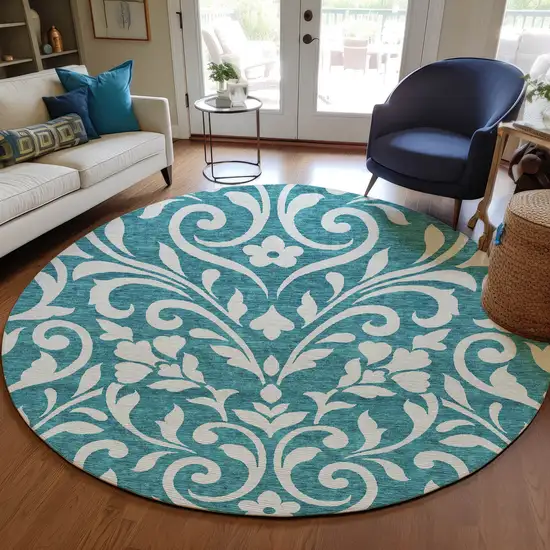 8' Teal Blue And Ivory Round Floral Washable Indoor Outdoor Area Rug Photo 7