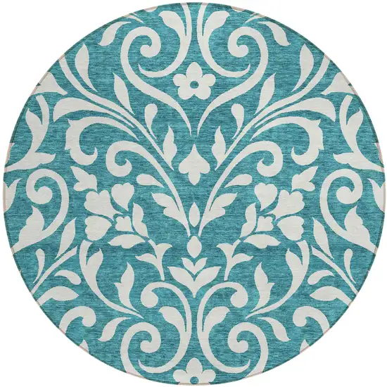 8' Teal Blue And Ivory Round Floral Washable Indoor Outdoor Area Rug Photo 2