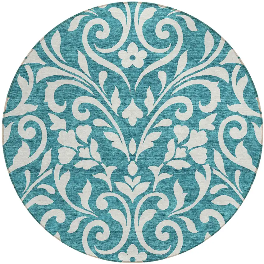 8' Teal Blue And Ivory Round Floral Washable Indoor Outdoor Area Rug Photo 2