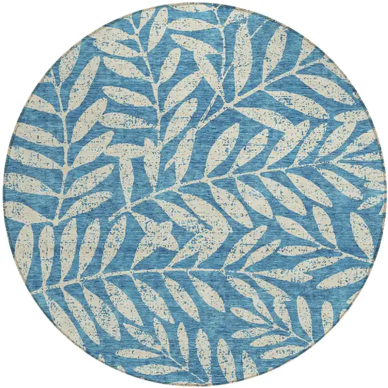 8' Teal Blue And Ivory Round Floral Washable Indoor Outdoor Area Rug Photo 2