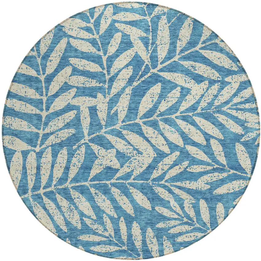 8' Teal Blue And Ivory Round Floral Washable Indoor Outdoor Area Rug Photo 2