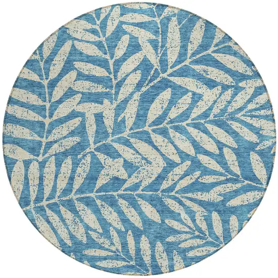 8' Teal Blue And Ivory Round Floral Washable Indoor Outdoor Area Rug Photo 5