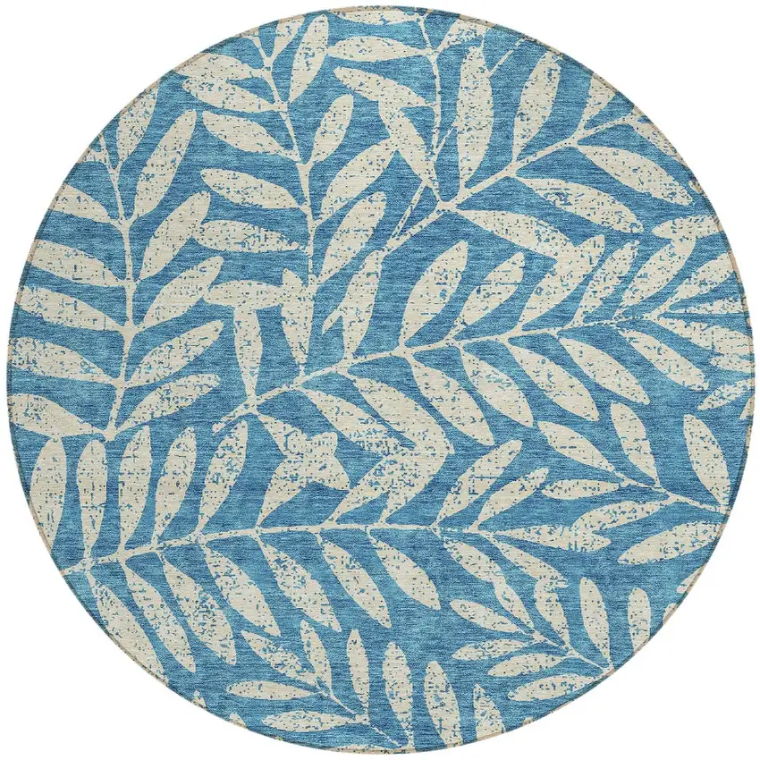 8' Teal Blue And Ivory Round Floral Washable Indoor Outdoor Area Rug Photo 5
