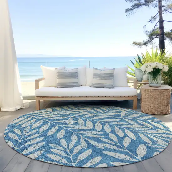 8' Teal Blue And Ivory Round Floral Washable Indoor Outdoor Area Rug Photo 6