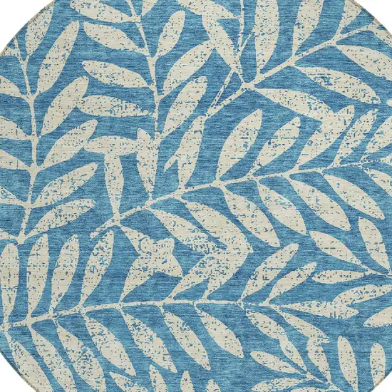 8' Teal Blue And Ivory Round Floral Washable Indoor Outdoor Area Rug Photo 4