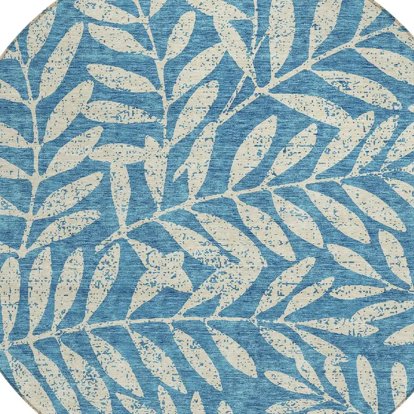 8' Teal Blue And Ivory Round Floral Washable Indoor Outdoor Area Rug Photo 4