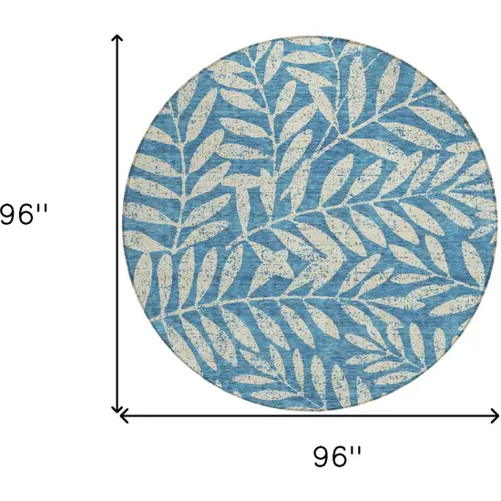 8' Teal Blue And Ivory Round Floral Washable Indoor Outdoor Area Rug Photo 3