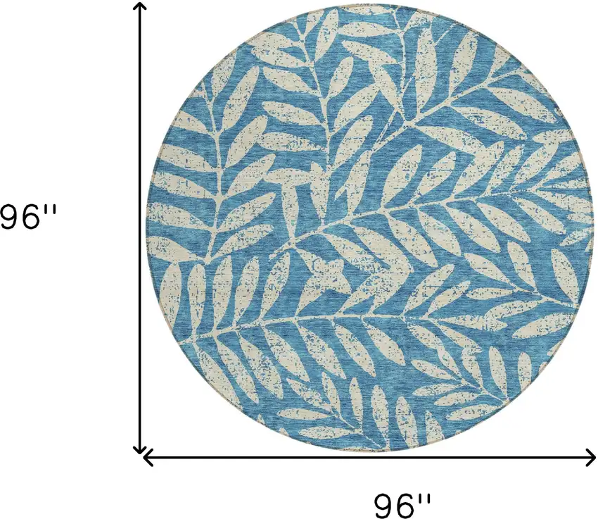 8' Teal Blue And Ivory Round Floral Washable Indoor Outdoor Area Rug Photo 3