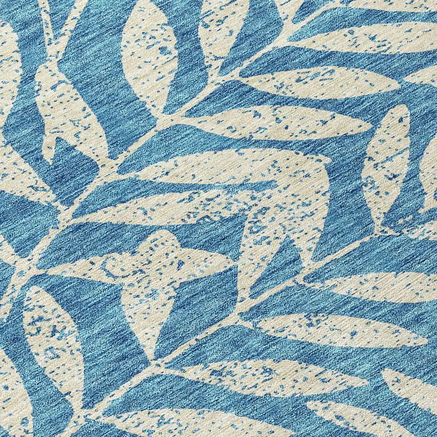 8' Teal Blue And Ivory Round Floral Washable Indoor Outdoor Area Rug Photo 8