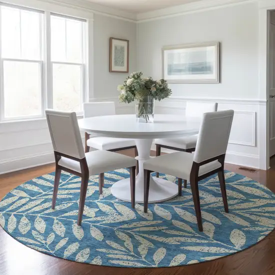 8' Teal Blue And Ivory Round Floral Washable Indoor Outdoor Area Rug Photo 7