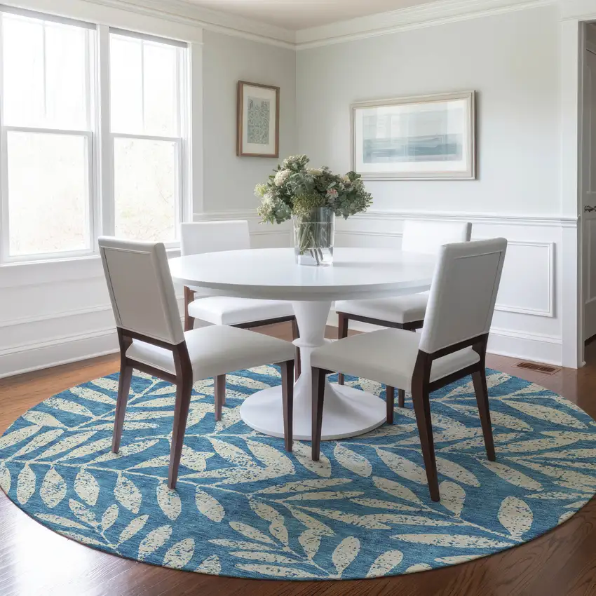 8' Teal Blue And Ivory Round Floral Washable Indoor Outdoor Area Rug Photo 7