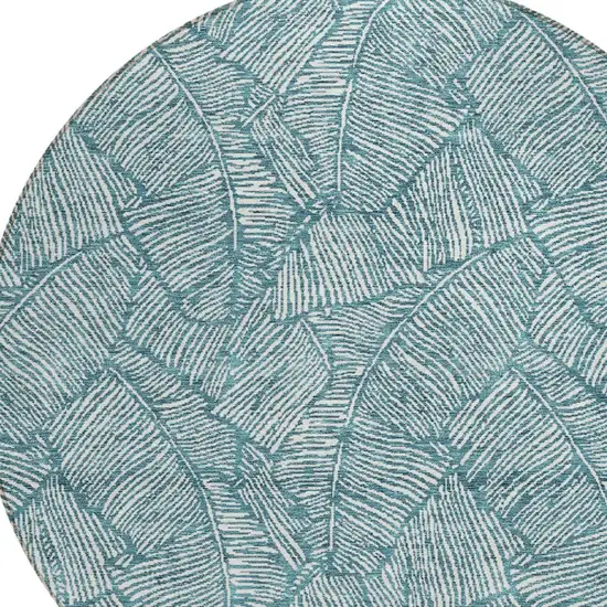 8' Teal Blue And Ivory Round Floral Washable Indoor Outdoor Area Rug Photo 4