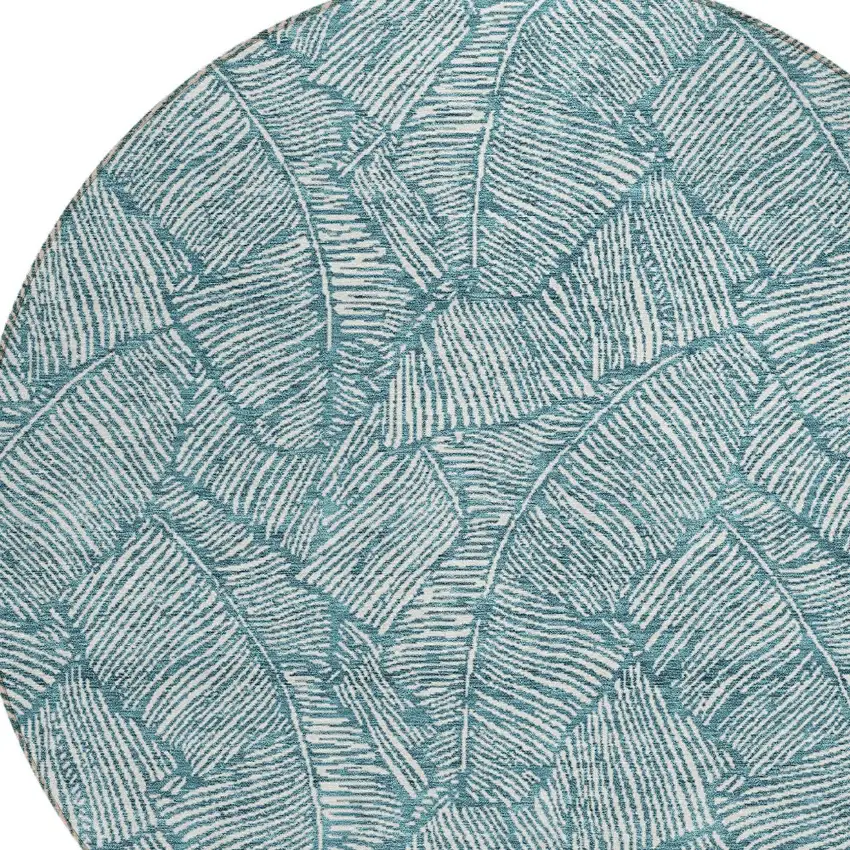 8' Teal Blue And Ivory Round Floral Washable Indoor Outdoor Area Rug Photo 4