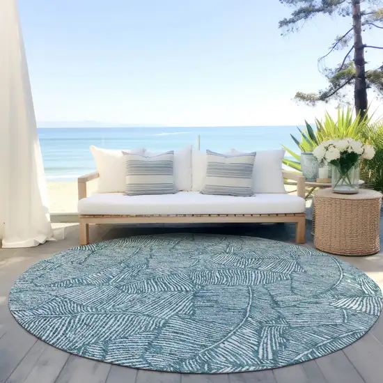 8' Teal Blue And Ivory Round Floral Washable Indoor Outdoor Area Rug Photo 6