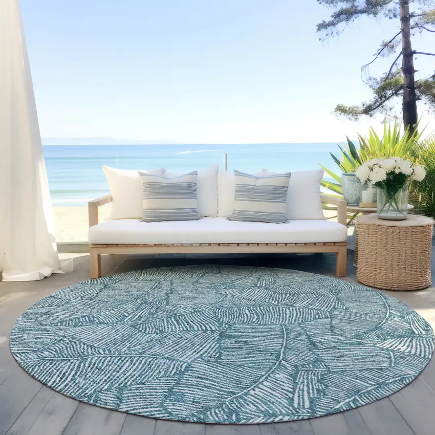 8' Teal Blue And Ivory Round Floral Washable Indoor Outdoor Area Rug Photo 6
