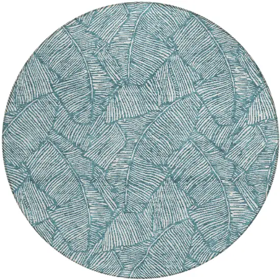8' Teal Blue And Ivory Round Floral Washable Indoor Outdoor Area Rug Photo 2