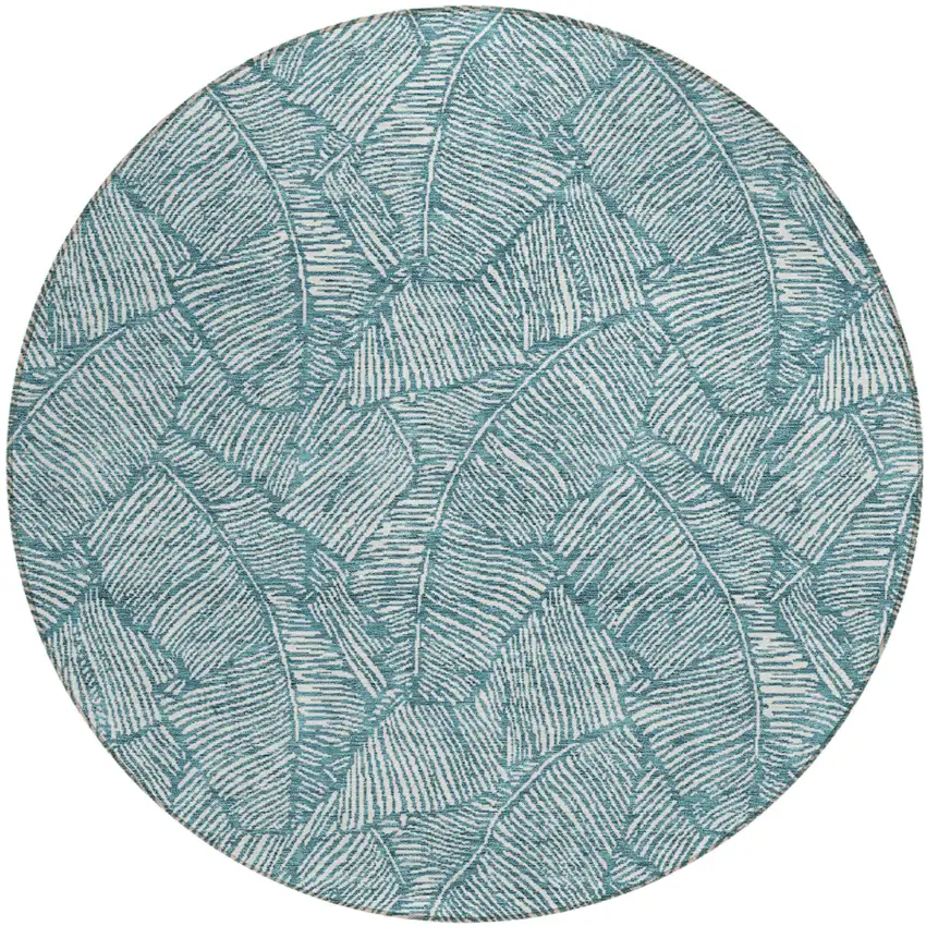 8' Teal Blue And Ivory Round Floral Washable Indoor Outdoor Area Rug Photo 2