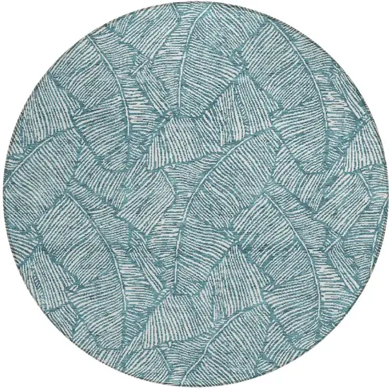 8' Teal Blue And Ivory Round Floral Washable Indoor Outdoor Area Rug Photo 5