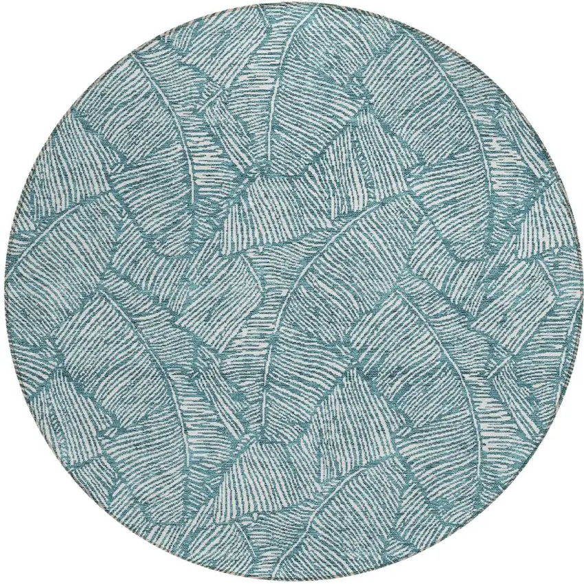8' Teal Blue And Ivory Round Floral Washable Indoor Outdoor Area Rug Photo 5