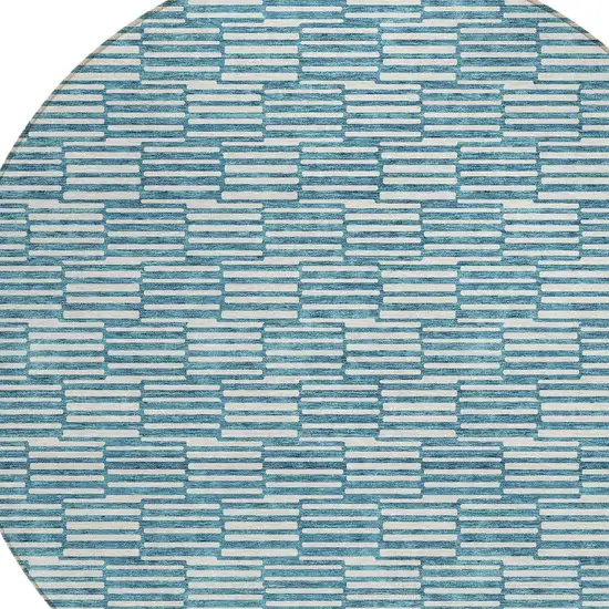 8' Teal Blue And Ivory Round Geometric Washable Indoor Outdoor Area Rug Photo 4