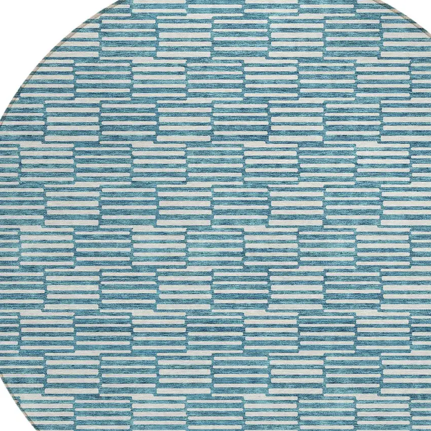 8' Teal Blue And Ivory Round Geometric Washable Indoor Outdoor Area Rug Photo 4