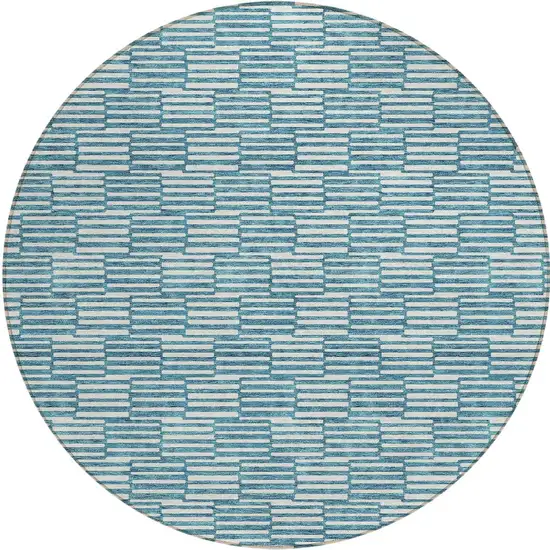 8' Teal Blue And Ivory Round Geometric Washable Indoor Outdoor Area Rug Photo 5