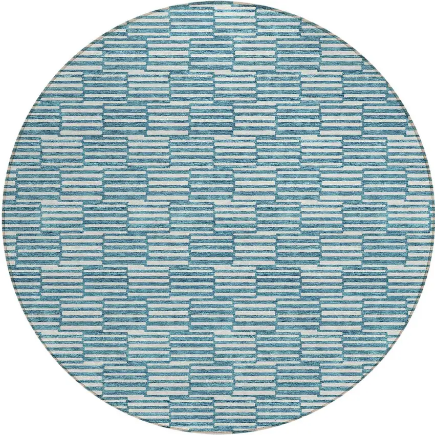 8' Teal Blue And Ivory Round Geometric Washable Indoor Outdoor Area Rug Photo 5