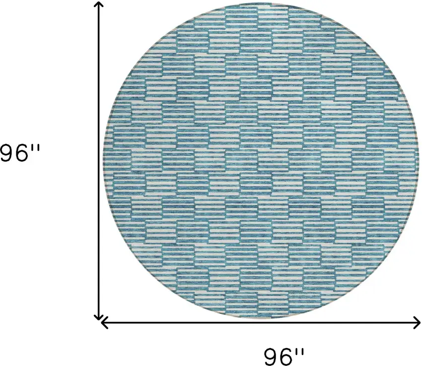 8' Teal Blue And Ivory Round Geometric Washable Indoor Outdoor Area Rug Photo 3