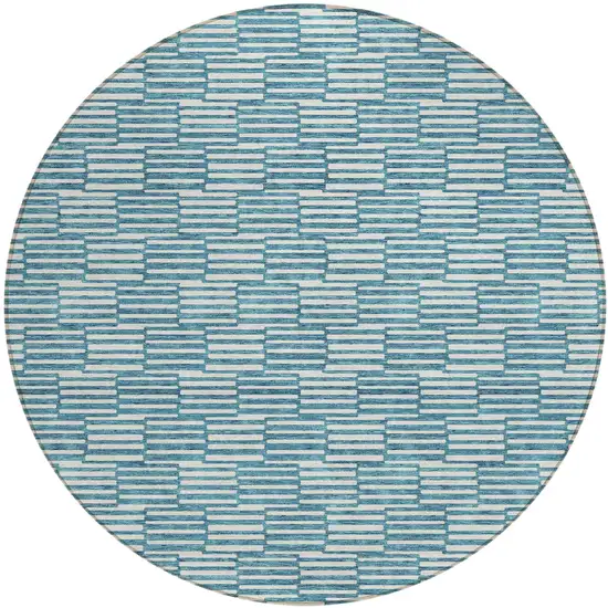 8' Teal Blue And Ivory Round Geometric Washable Indoor Outdoor Area Rug Photo 2