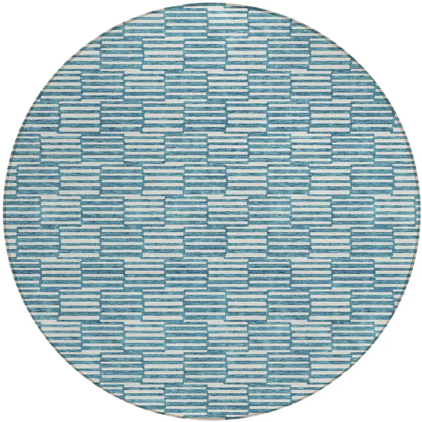 8' Teal Blue And Ivory Round Geometric Washable Indoor Outdoor Area Rug Photo 2