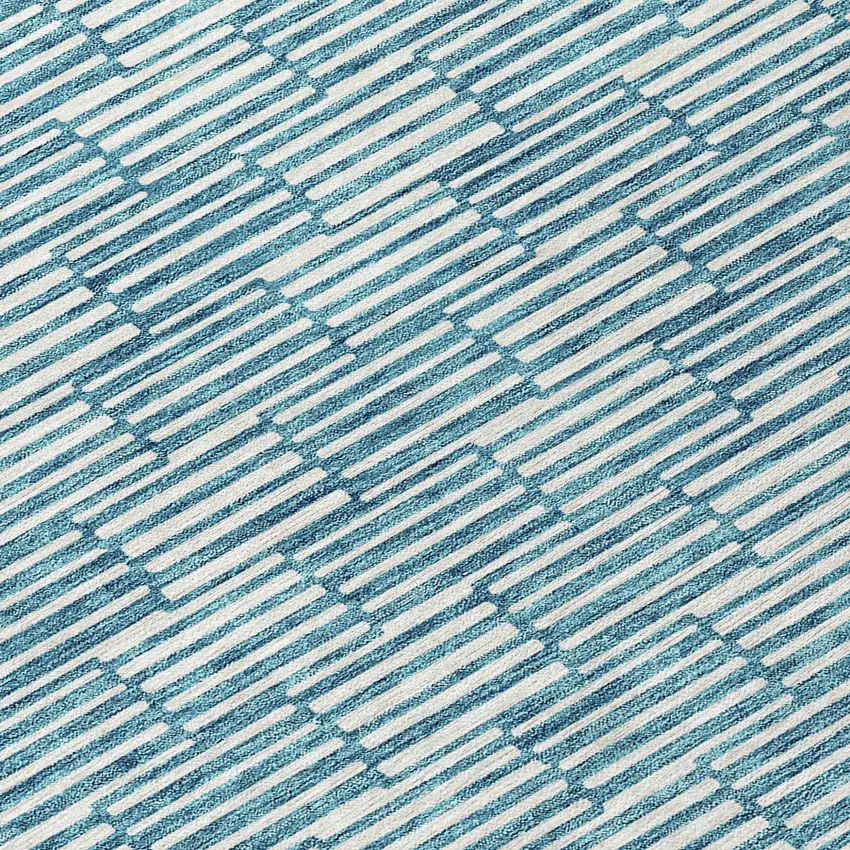 8' Teal Blue And Ivory Round Geometric Washable Indoor Outdoor Area Rug Photo 8
