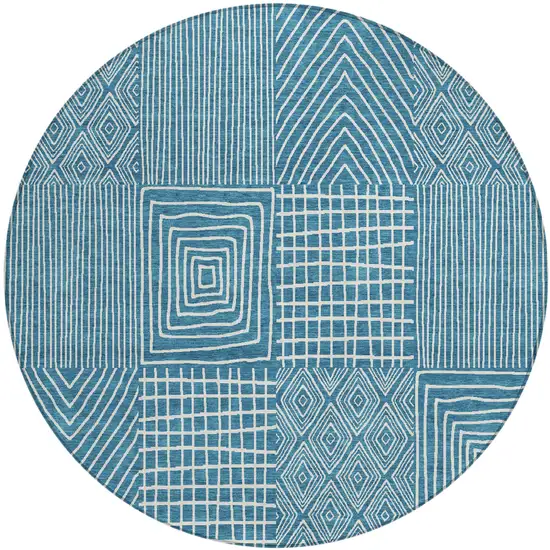 8' Teal Blue And Ivory Round Geometric Washable Indoor Outdoor Area Rug Photo 2