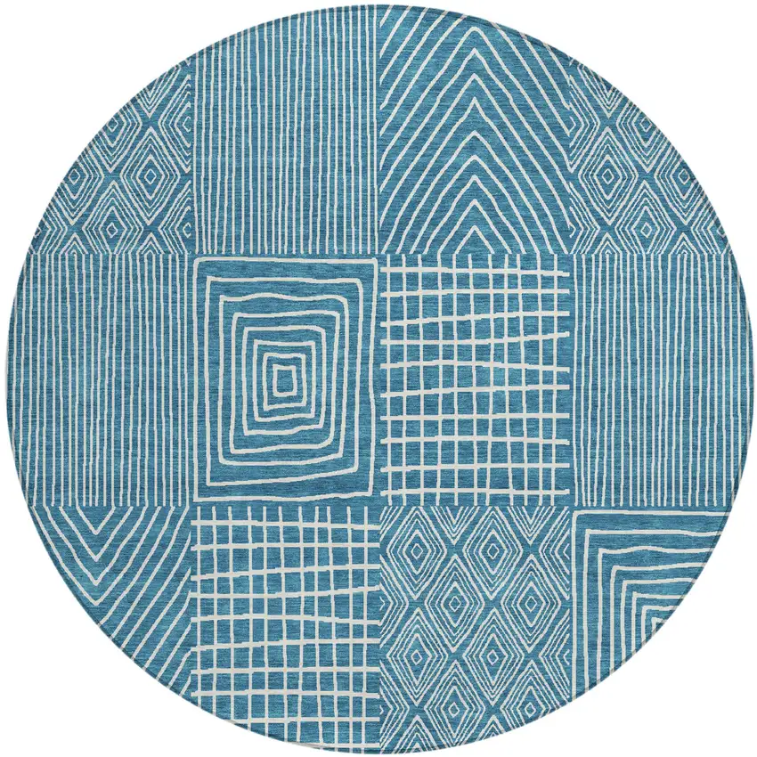 8' Teal Blue And Ivory Round Geometric Washable Indoor Outdoor Area Rug Photo 2