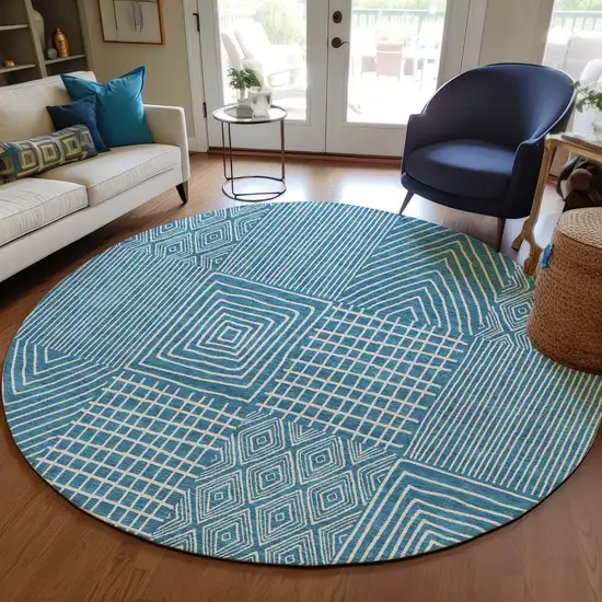 8' Teal Blue And Ivory Round Geometric Washable Indoor Outdoor Area Rug Photo 8