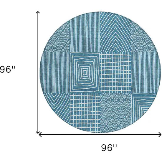 8' Teal Blue And Ivory Round Geometric Washable Indoor Outdoor Area Rug Photo 3