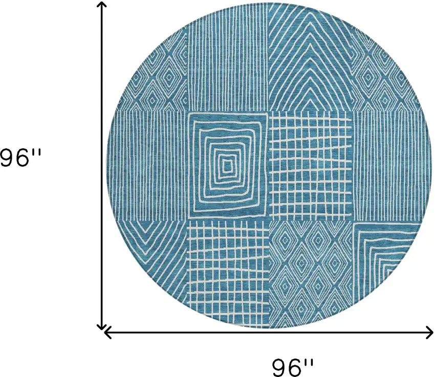 8' Teal Blue And Ivory Round Geometric Washable Indoor Outdoor Area Rug Photo 3